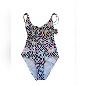 Checkered Geometric High Cut One Piece Swimsuit NWT Juniors Size S 3-5